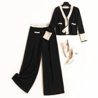Set: Cropped Cardigan + Knit Wide-leg Pants