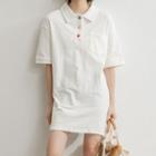 Plain Pocket Detail Elbow-sleeve Polo Shirt Dress White - One Size