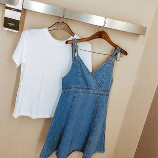 Set: T-shirt + Spaghetti-strap Denim Mini Skater Dress