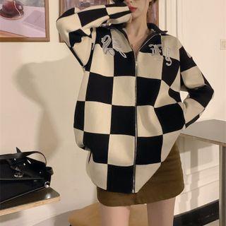 Embroidered Check Zip Jacket Black & Off-white - One Size