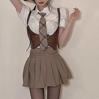 Short-sleeve Shirt / Pleated Mini Skirt / Camisole Top / Plaid Tie
