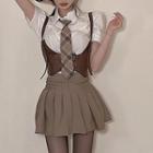 Short-sleeve Shirt / Pleated Mini Skirt / Camisole Top / Plaid Tie