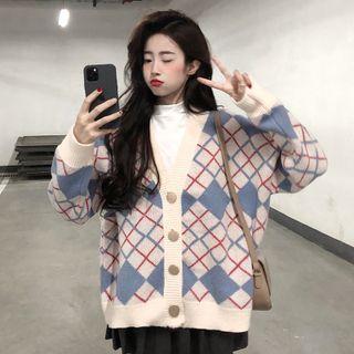 V-neck Argyle Button-up Knit Cardigan