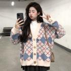 V-neck Argyle Button-up Knit Cardigan
