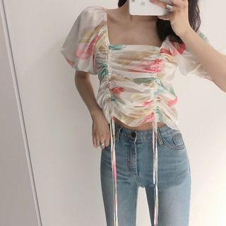 Square-neck Printed Drawstring Chiffon Top As Shown In Figure - One Size