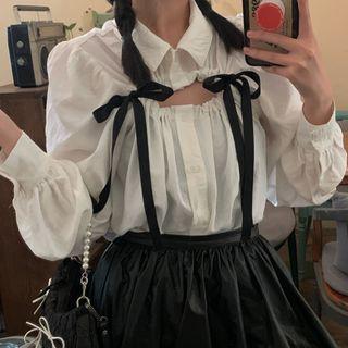Long-sleeve Drawstring Cutout Bow Blouse White - One Size