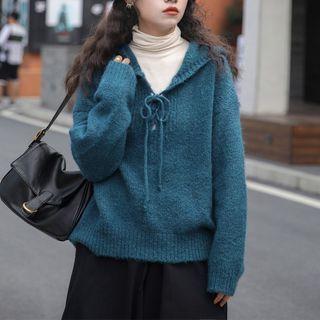 Tie-front Hooded Sweater Blue - One Size