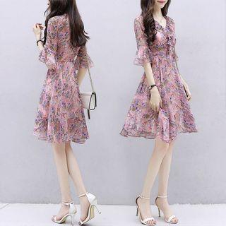 Elbow Sleeve Printed Dress