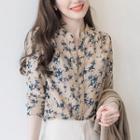 Elbow-sleeve Lace-up Floral Shirt