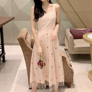 Spaghetti Strap Starry Mesh Midi A-line Dress