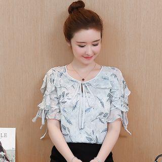 Leaf Print Short-sleeve Chiffon Blouse