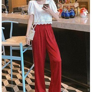 Short-sleeve Lace Hem Blouse / Plain Wide-leg Pants
