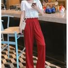 Short-sleeve Lace Hem Blouse / Plain Wide-leg Pants
