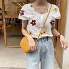 Cap-sleeve Flower Embroidered Blouse White - One Size