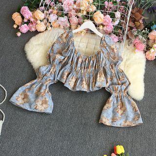 Bell-sleeve Floral Print Shirred Crop Top