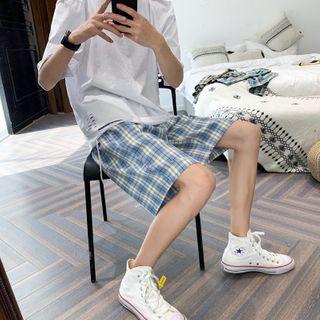 Plaid Band-waist Straight-cut Shorts