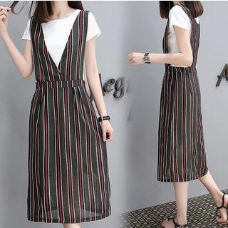 Set: Plain Short Sleeve T-shirt + Striped Pinafore Dress