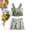 Set: Lace Up Tankini Top + Flower Print Swim Skirt