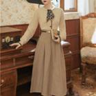 Set: Floral Print Tie-neck Cardigan + High Waist Plaid Midi A-line Skirt