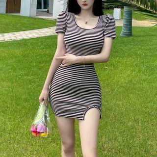 Off-shoulder Striped Mini Sheath Dress