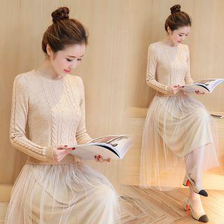Long-sleeve Mesh-overlay Midi Knit Dress