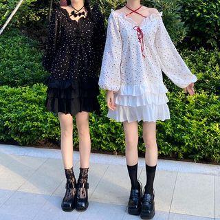 Long-sleeve Off-shoulder Dotted Frill Trim Mini A-line Dress
