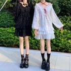 Long-sleeve Off-shoulder Dotted Frill Trim Mini A-line Dress