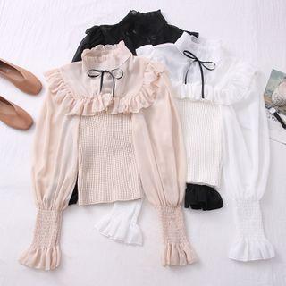 Mock-neck Bow Mesh Ruffle Blouse