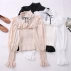 Mock-neck Bow Mesh Ruffle Blouse
