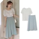 Short-sleeve Floral Blouse / High-waist Asymmetric Plain Skirt