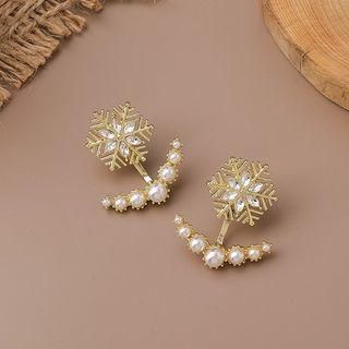 Snowflake Rhinestone Faux Pearl Swing Earring 1 Pair - Gold - One Size