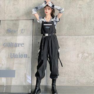 Tie-dyed Top + Plain Pinafore Jumpsuit