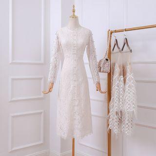 Set: Long-sleeve Maxi Lace Dress + Spaghetti Strap Dress