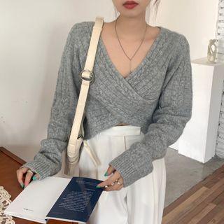 Long-sleeve Cross Cropped Linen Flower Sweater