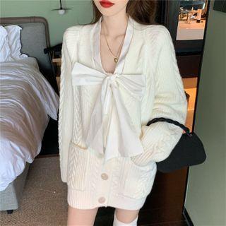 Bow Neck Blouse / Long Cardigan