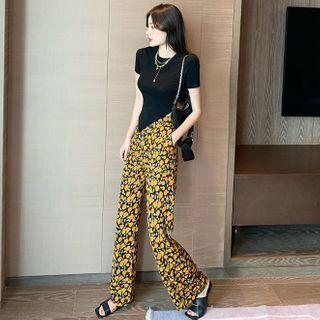 Floral Print Wide-leg Pants / Short-sleeve T-shirt