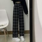 Plain Cropped Hoodie / Plaid Straight Leg Pants / Set