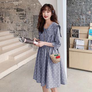 Dotted 3/4-sleeve Collared A-line Dress