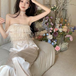 Fringed Bandeau Top / Plain Wide-leg Pants