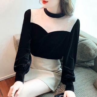 Long Sleeve Lace Panel Velvet Top