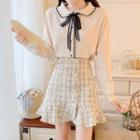 Tie Neck Knit Top / Plaid A-line Skirt / Set