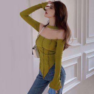 Halter-neck Off-shoulder Plain Asymmetric Top