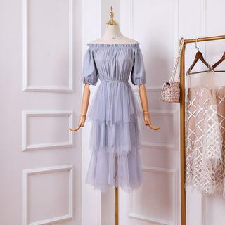 Elbow-sleeve Mesh Midi Tiered Dress