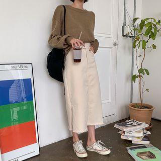 Slit-side Fringe-hem Long Skirt