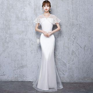 Cap-sleeve Dotted Mesh Sheath Evening Gown
