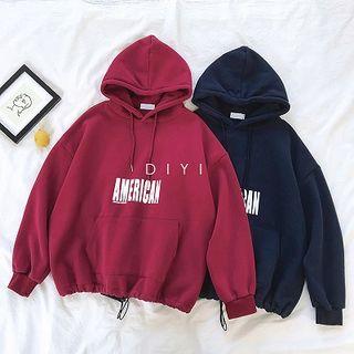 Lettering Printed Drawcord Long-sleeve Hooded Sweatshirt