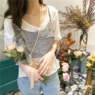 Set: Floral Sleeveless Top + Plain Short-sleeve Top As Figure - One Size