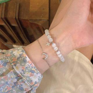 Set: Moon Alloy Bracelet + Star Faux Pearl Bracelet Set - Off-white & Silver - One Size