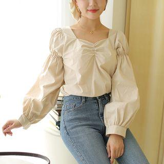 Shirred-trim Puff-sleeve Top