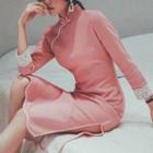 3/4-sleeve Faux Pearl Lace Trim A-line Qipao Dress